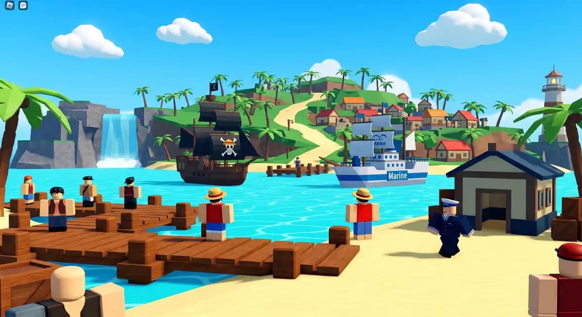 Sailor Piece — pirate ship and Marine ship at the harbor